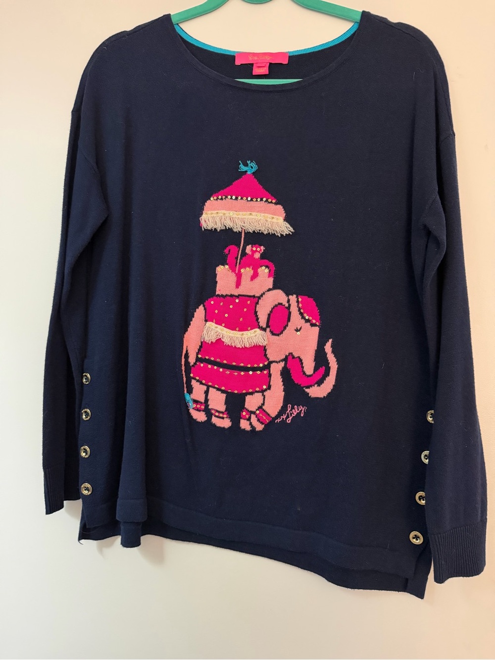 Lilly Pulitzer Navy Sweater with Pink Elephant Motif